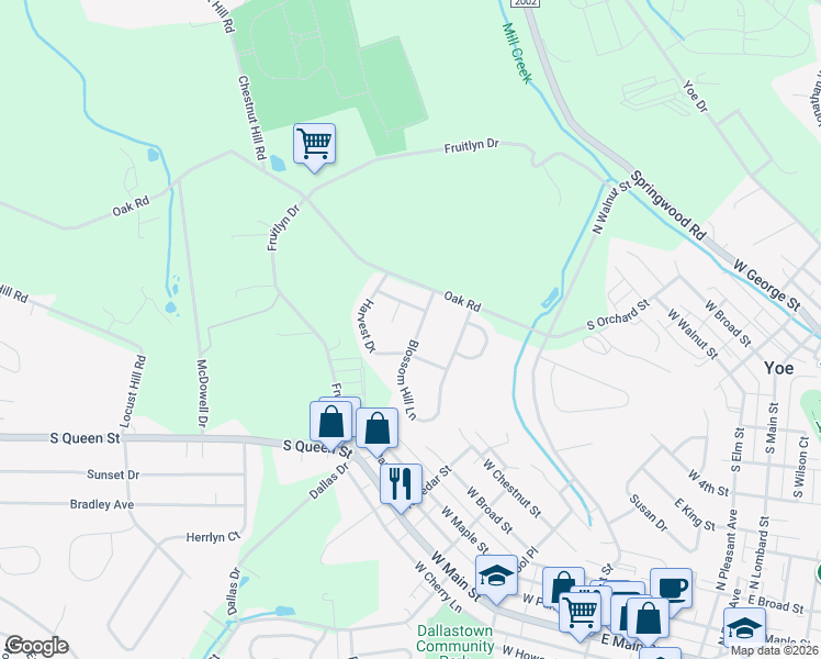 map of restaurants, bars, coffee shops, grocery stores, and more near 606 Butterfly Circle in Dallastown