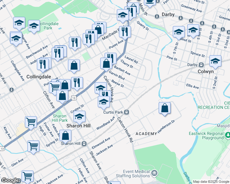 map of restaurants, bars, coffee shops, grocery stores, and more near 746 Eggleston Circle in Sharon Hill