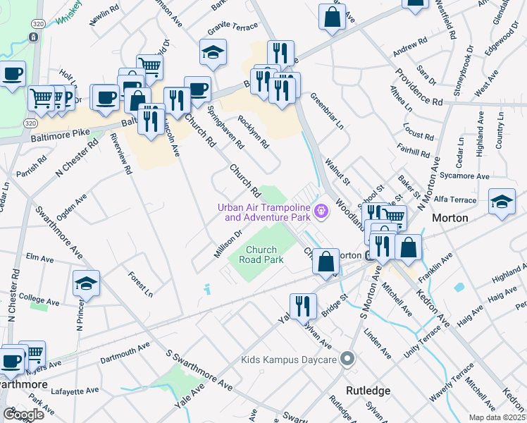 map of restaurants, bars, coffee shops, grocery stores, and more near 1158 Church Road in Springfield
