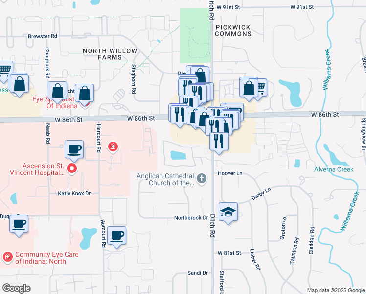 map of restaurants, bars, coffee shops, grocery stores, and more near 1554 Lancashire Ct in Indianapolis