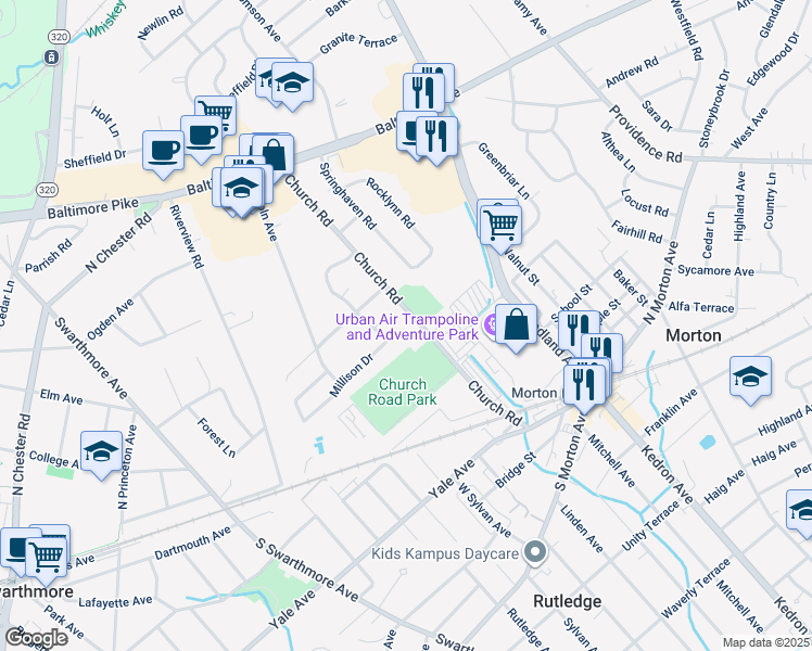map of restaurants, bars, coffee shops, grocery stores, and more near 1158 Church Road in Springfield