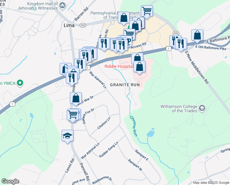 map of restaurants, bars, coffee shops, grocery stores, and more near 62 War Admiral Lane in Media