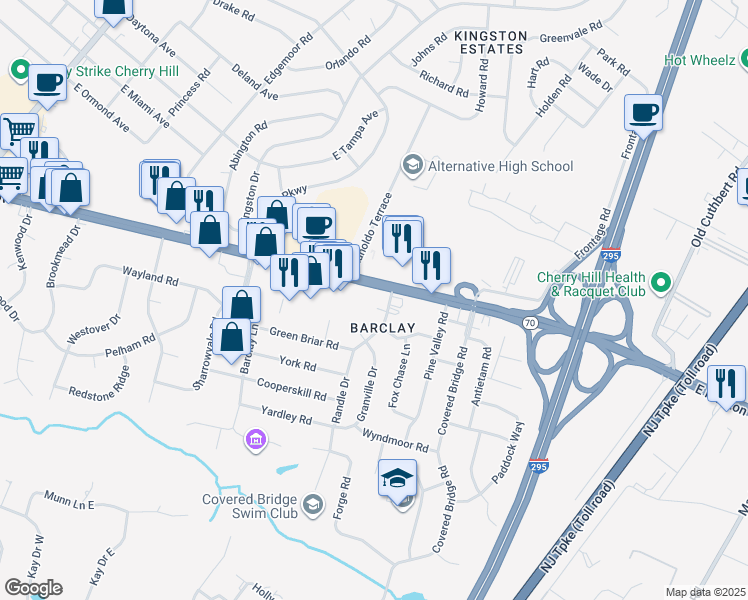 map of restaurants, bars, coffee shops, grocery stores, and more near 1401 Marlton Pike East in Cherry Hill