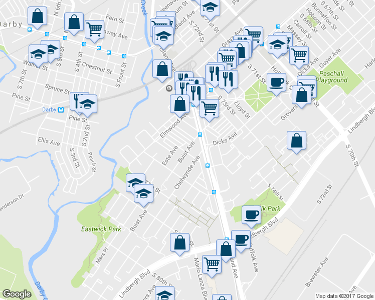 map of restaurants, bars, coffee shops, grocery stores, and more near 7436 Buist Avenue in Philadelphia