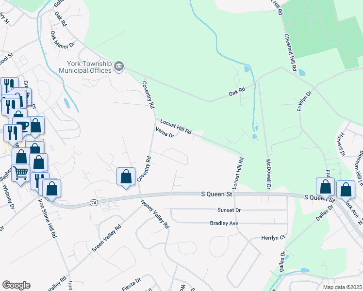 map of restaurants, bars, coffee shops, grocery stores, and more near 55 Belmar Drive in Dallastown