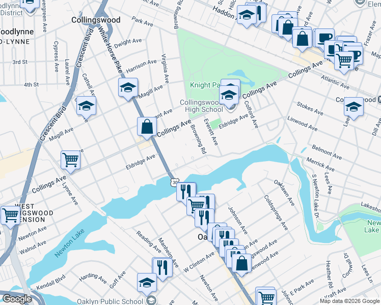 map of restaurants, bars, coffee shops, grocery stores, and more near 525 Newton Avenue in Collingswood