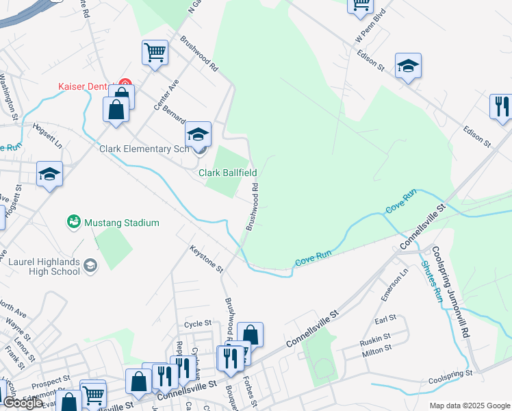 map of restaurants, bars, coffee shops, grocery stores, and more near 72 Brushwood Road in Uniontown