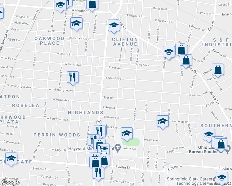 map of restaurants, bars, coffee shops, grocery stores, and more near 1219 Clifton Avenue in Springfield