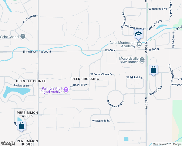 map of restaurants, bars, coffee shops, grocery stores, and more near 8819 North Deer Crossing Boulevard in McCordsville