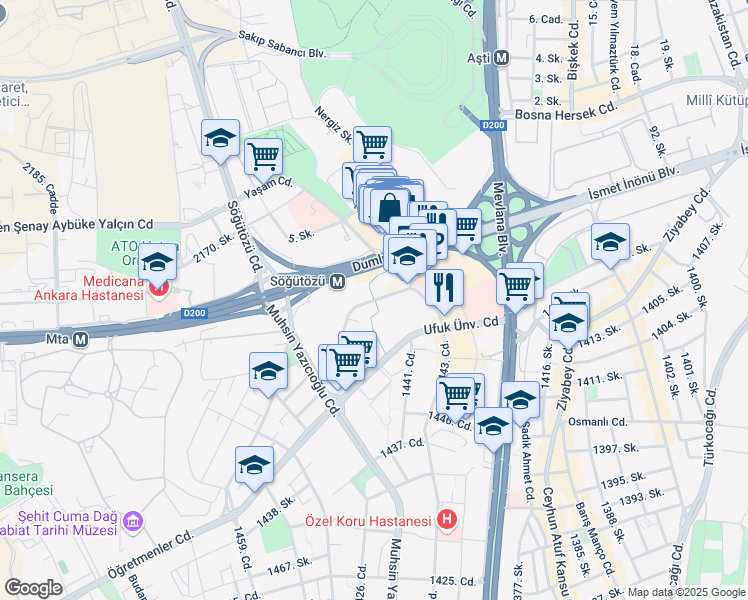 map of restaurants, bars, coffee shops, grocery stores, and more near in Çankaya