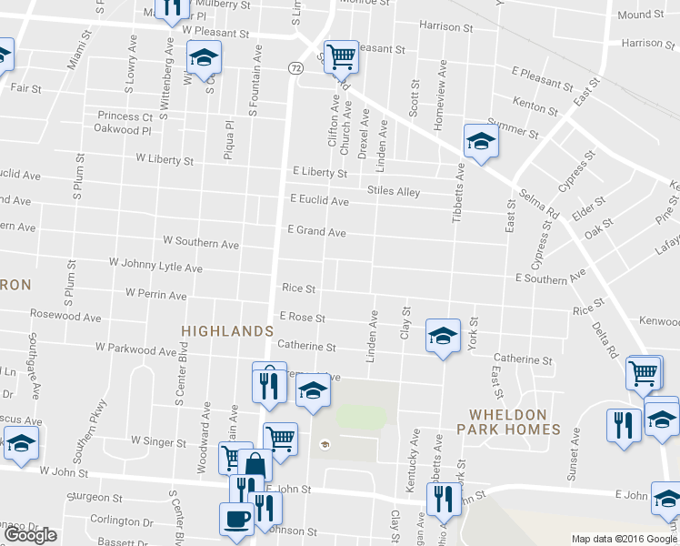 map of restaurants, bars, coffee shops, grocery stores, and more near 1212 Church Lane in Springfield