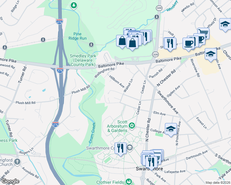 map of restaurants, bars, coffee shops, grocery stores, and more near 603 Ogden Avenue in Swarthmore