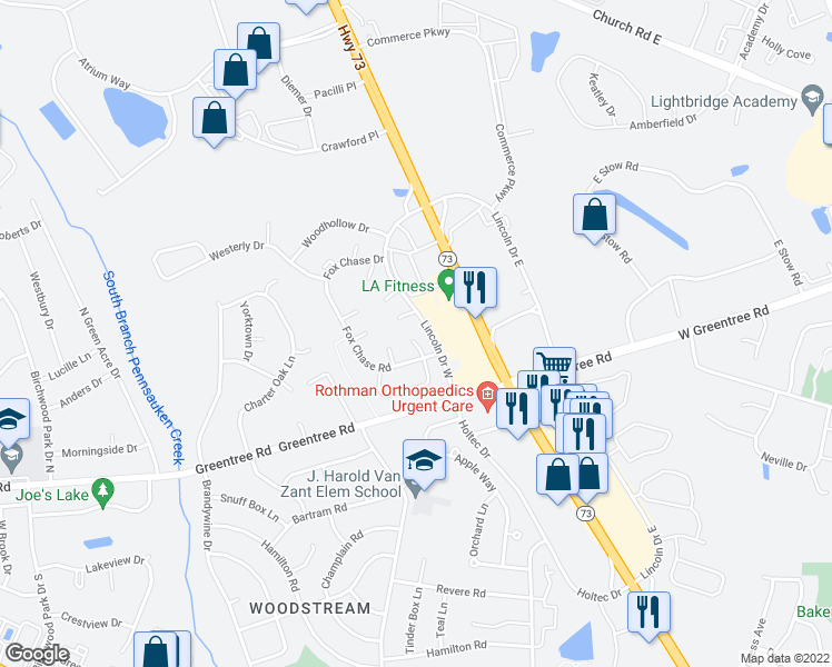map of restaurants, bars, coffee shops, grocery stores, and more near in Evesham