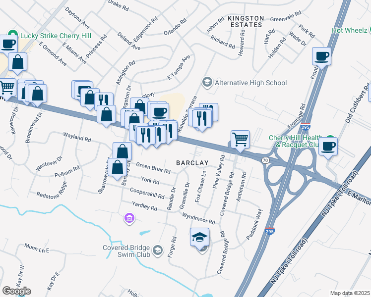 map of restaurants, bars, coffee shops, grocery stores, and more near 1401 Marlton Pike East in Cherry Hill