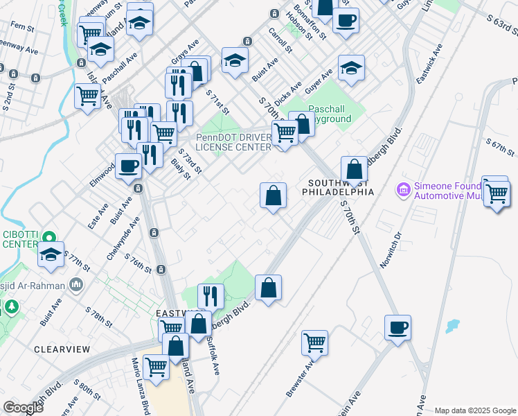 map of restaurants, bars, coffee shops, grocery stores, and more near 7210 Gannet Place in Philadelphia