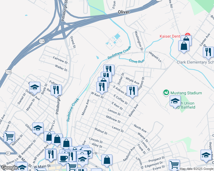 map of restaurants, bars, coffee shops, grocery stores, and more near 62 West Askren Street in Uniontown
