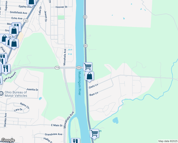 map of restaurants, bars, coffee shops, grocery stores, and more near 1890 South River Road in Zanesville