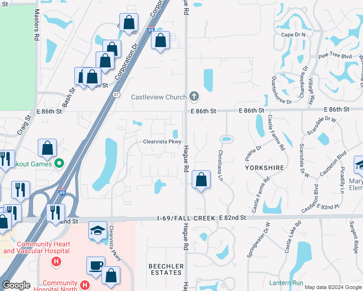 map of restaurants, bars, coffee shops, grocery stores, and more near 8470 Lynhaven Place in Indianapolis