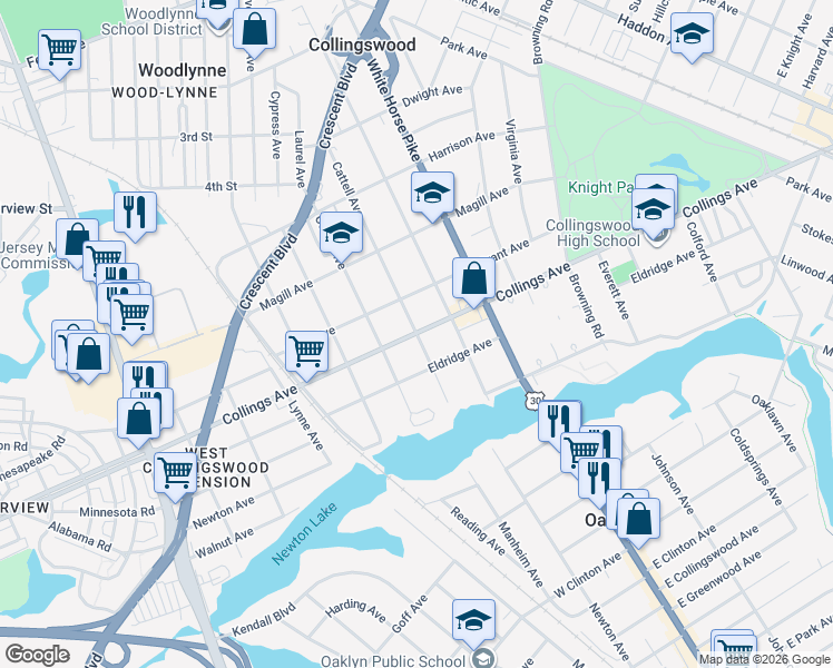 map of restaurants, bars, coffee shops, grocery stores, and more near Collings Ave & Cattell Ave in Collingswood