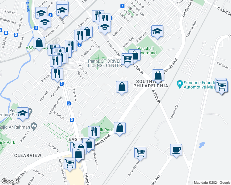 map of restaurants, bars, coffee shops, grocery stores, and more near 7210 Gannet Place in Philadelphia