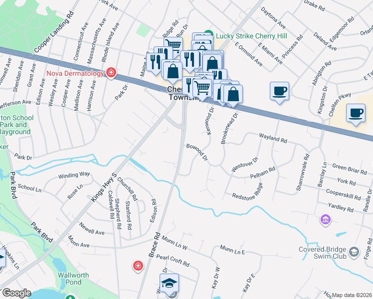 map of restaurants, bars, coffee shops, grocery stores, and more near 39 Brace Road in Cherry Hill