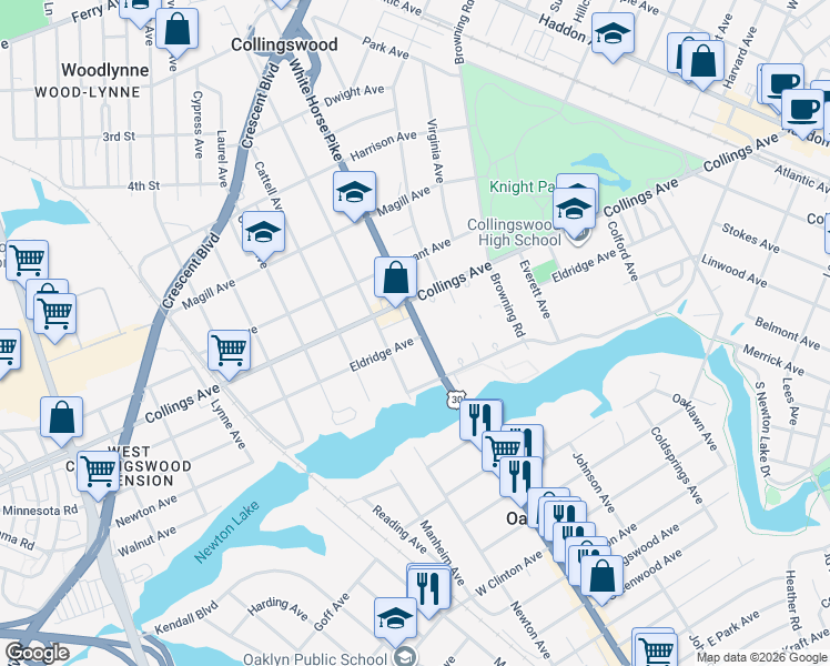 map of restaurants, bars, coffee shops, grocery stores, and more near in Collingswood