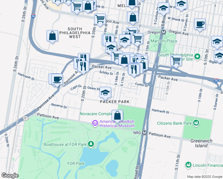 map of restaurants, bars, coffee shops, grocery stores, and more near 3172 South 18th Street in Philadelphia