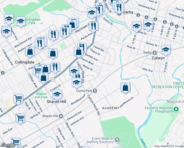 map of restaurants, bars, coffee shops, grocery stores, and more near 724 Eggleston Circle in Sharon Hill