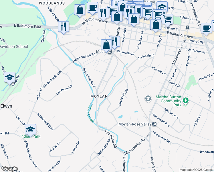 map of restaurants, bars, coffee shops, grocery stores, and more near 617 South Avenue in Media
