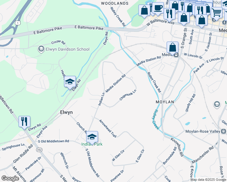 map of restaurants, bars, coffee shops, grocery stores, and more near 214 Media Station Road in Media
