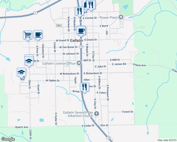 map of restaurants, bars, coffee shops, grocery stores, and more near 201 East Richardson Street in Gallatin