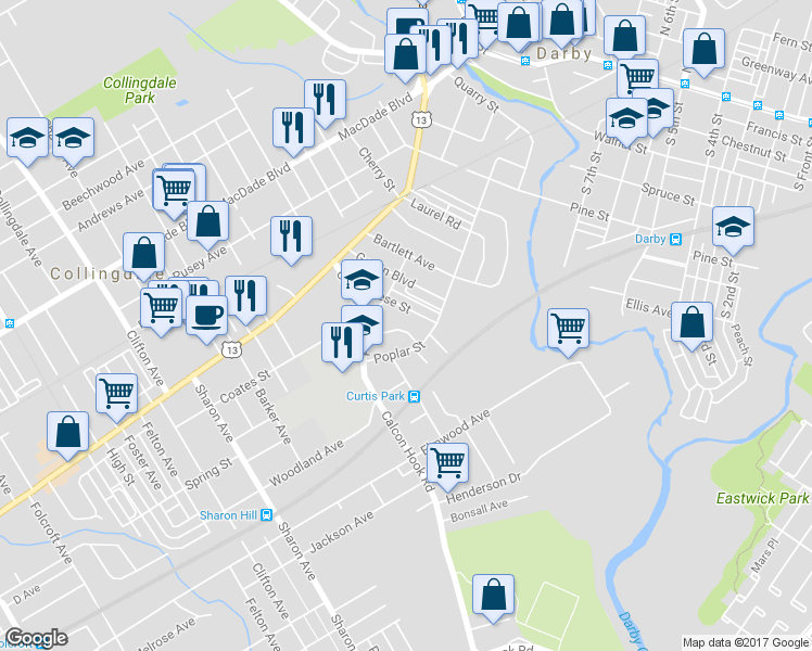 map of restaurants, bars, coffee shops, grocery stores, and more near 724 Eggleston Circle in Sharon Hill