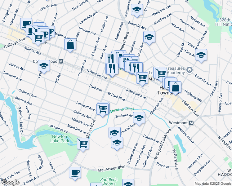 map of restaurants, bars, coffee shops, grocery stores, and more near 21 West Park Boulevard in Haddon Township