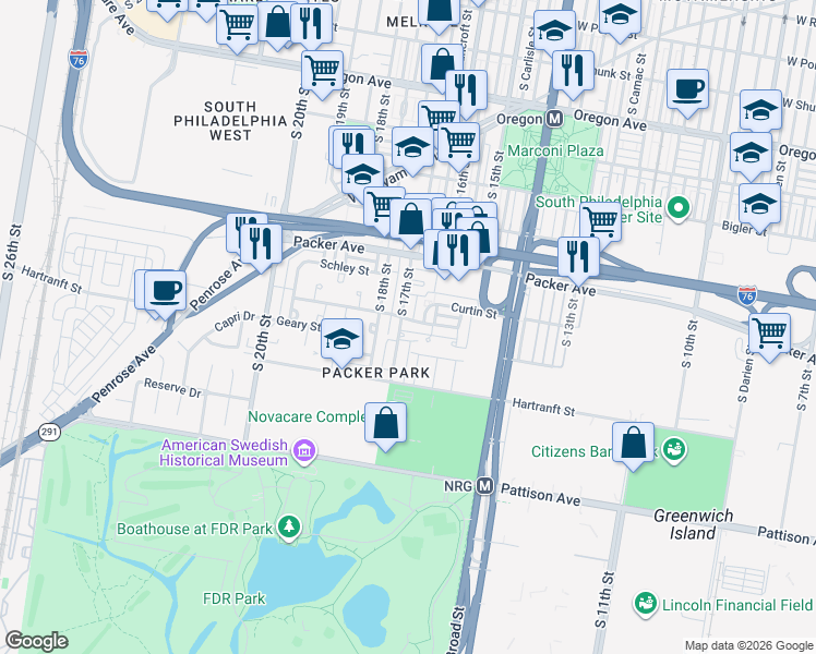 map of restaurants, bars, coffee shops, grocery stores, and more near 1640 Forrestal Street in Philadelphia