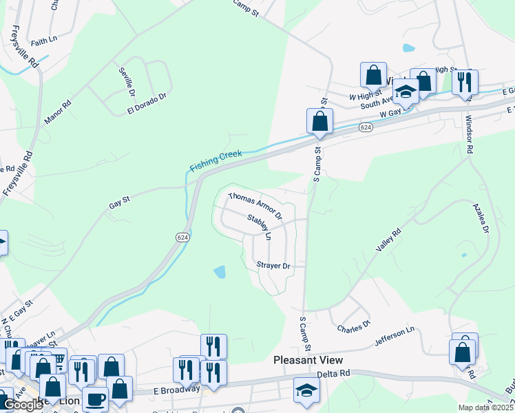 map of restaurants, bars, coffee shops, grocery stores, and more near 630 Thomas Armor Drive in Windsor