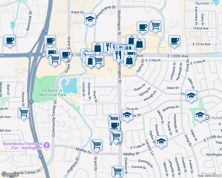 map of restaurants, bars, coffee shops, grocery stores, and more near 11701 Pennsylvania Street in Northglenn