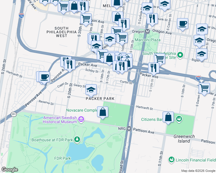 map of restaurants, bars, coffee shops, grocery stores, and more near 1640 Forrestal Street in Philadelphia