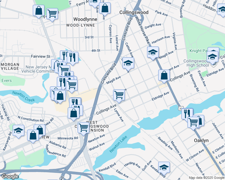 map of restaurants, bars, coffee shops, grocery stores, and more near 424 Sloan Ave in Collingswood