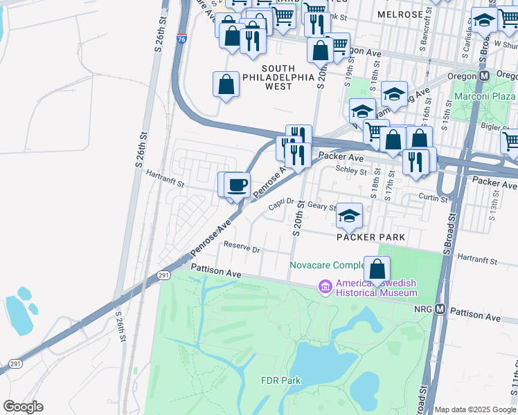 map of restaurants, bars, coffee shops, grocery stores, and more near 3200 Capri Drive in Philadelphia