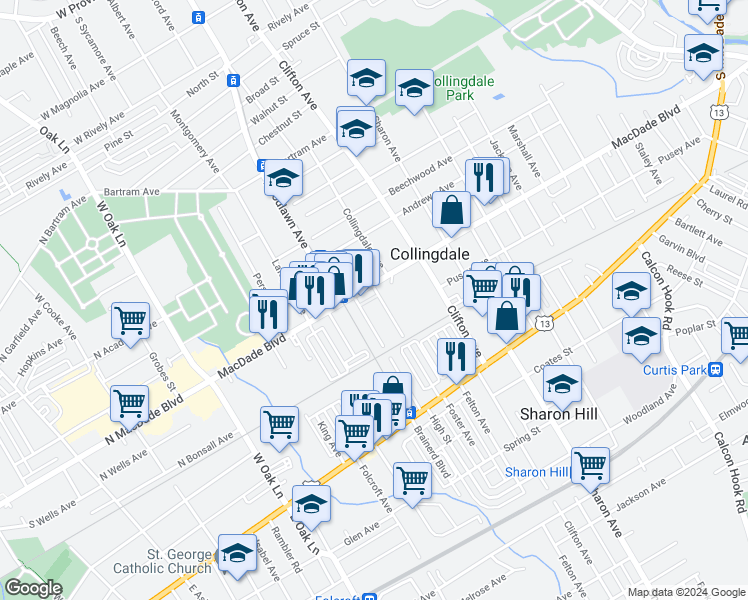 map of restaurants, bars, coffee shops, grocery stores, and more near 124 Upland Terrace in Collingdale