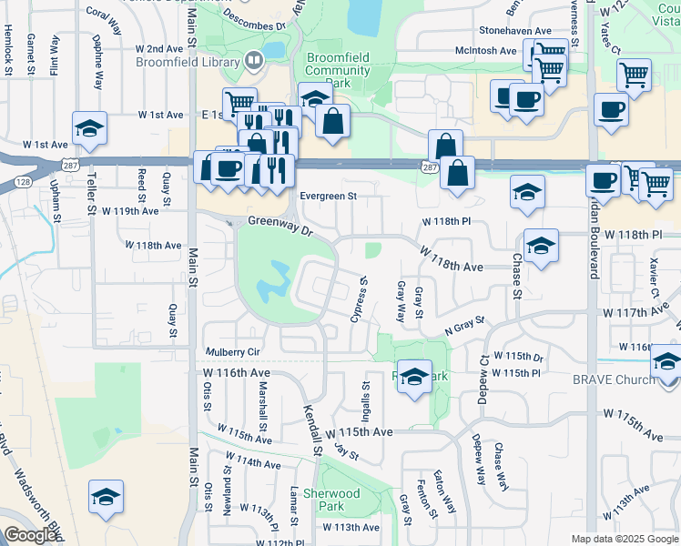 map of restaurants, bars, coffee shops, grocery stores, and more near 405 Cypress Street in Broomfield