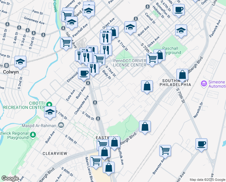 map of restaurants, bars, coffee shops, grocery stores, and more near 7400 Sandpiper Place in Philadelphia