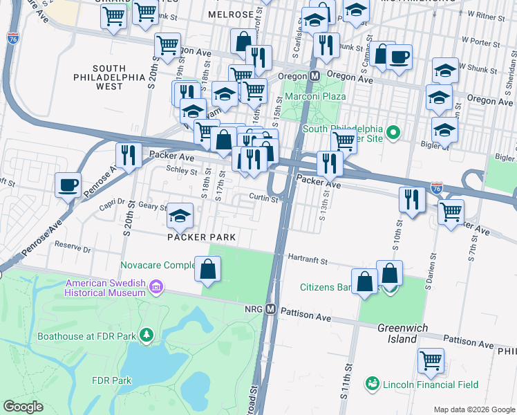 map of restaurants, bars, coffee shops, grocery stores, and more near 1505 Curtin Street in Philadelphia