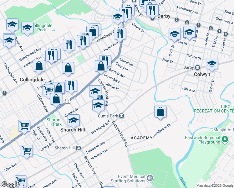 map of restaurants, bars, coffee shops, grocery stores, and more near 726 Eggleston Circle in Sharon Hill