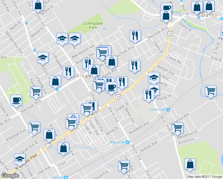 map of restaurants, bars, coffee shops, grocery stores, and more near 71 Burnside Avenue in Sharon Hill