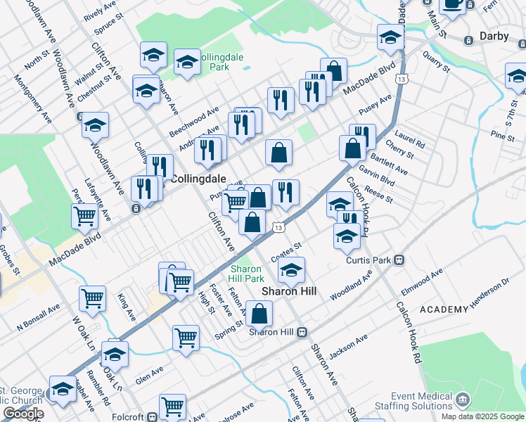map of restaurants, bars, coffee shops, grocery stores, and more near 71 Burnside Avenue in Sharon Hill