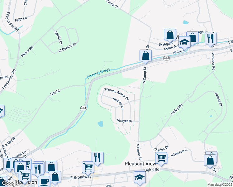 map of restaurants, bars, coffee shops, grocery stores, and more near 610 Thomas Armor Drive in Windsor
