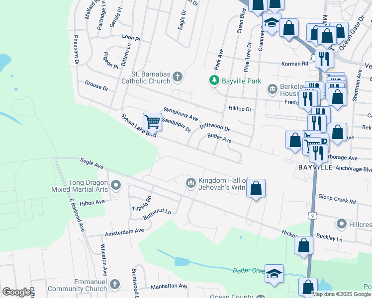 map of restaurants, bars, coffee shops, grocery stores, and more near 132 Sylvan Lake Boulevard in Berkeley Township