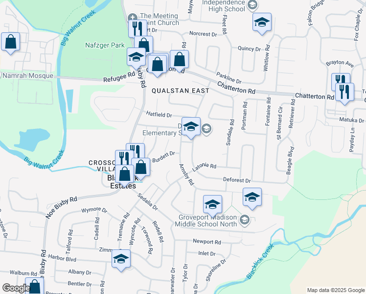 map of restaurants, bars, coffee shops, grocery stores, and more near 3255 Arnsby Road in Columbus