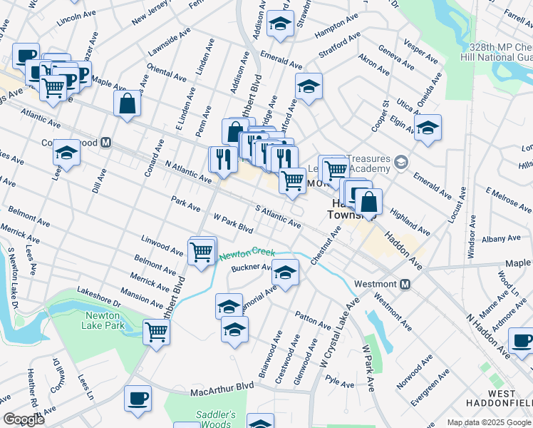 map of restaurants, bars, coffee shops, grocery stores, and more near 101 Park Terrace in Haddon Township